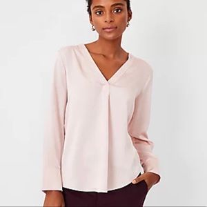 Ann Taylor Mixed Media Pleat Neck Blouse in Rose Smoke New Size L
